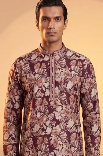 Mens purple viscose rayon floral printed kurta