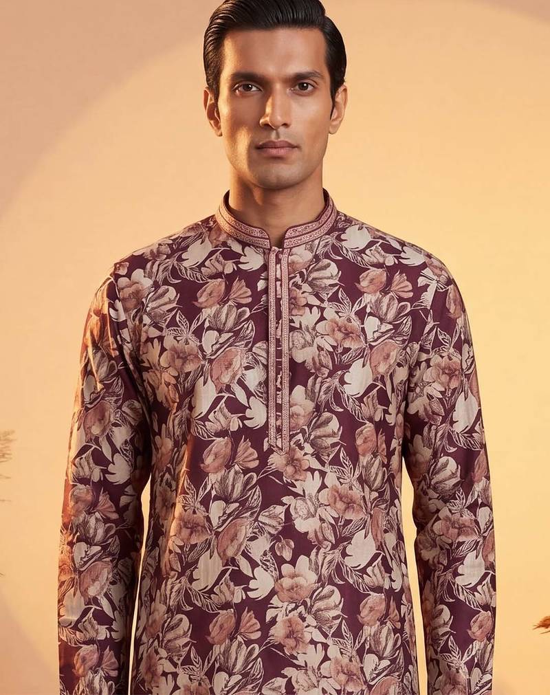 Mens purple viscose rayon floral printed kurta