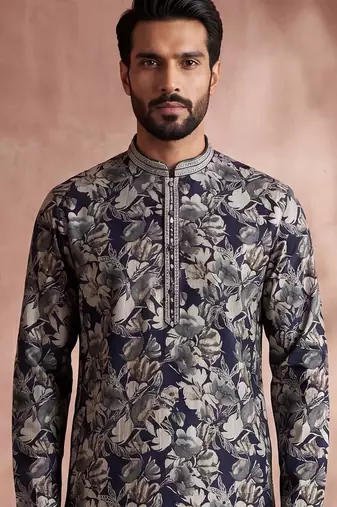 Mens blue viscose rayon floral printed kurta