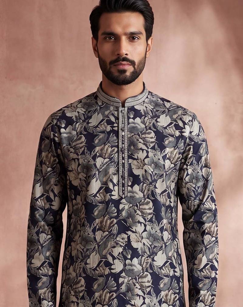 Mens blue viscose rayon floral printed kurta