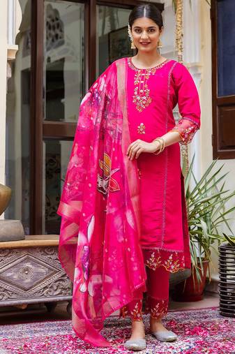 Floral embroidered silk round neck kurta trouser & dupatta set