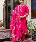 Floral embroidered silk round neck kurta trouser & dupatta set