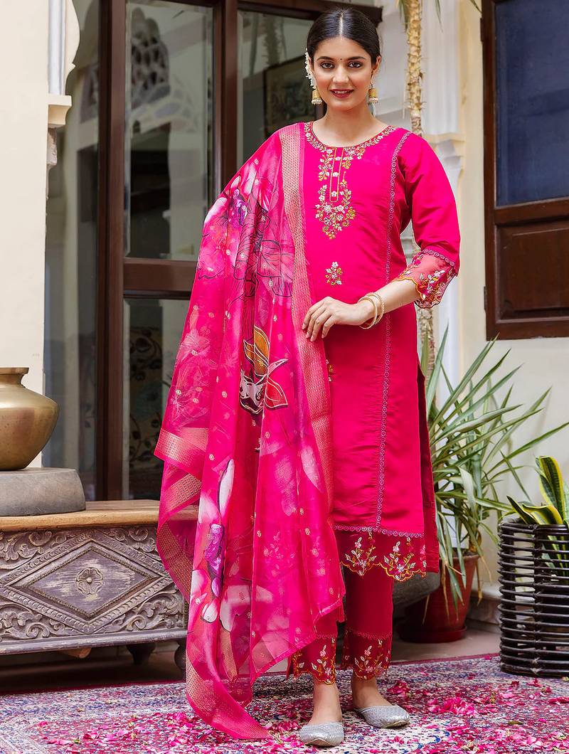 Floral embroidered silk round neck kurta trouser & dupatta set