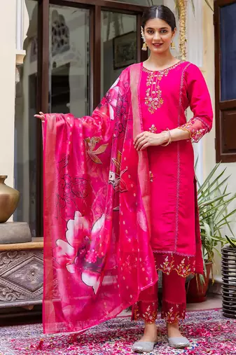 Floral embroidered silk blend round neck kurta trouser & dupatta set