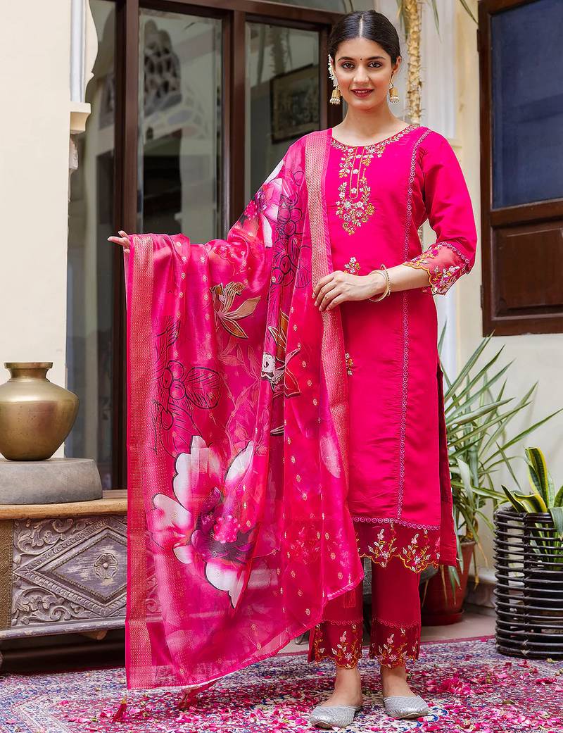 Floral embroidered silk round neck kurta trouser & dupatta set