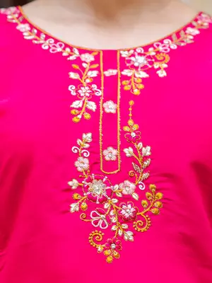 Floral embroidered silk blend round neck kurta trouser & dupatta set 4
