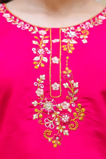 Floral embroidered silk blend round neck kurta trouser & dupatta set