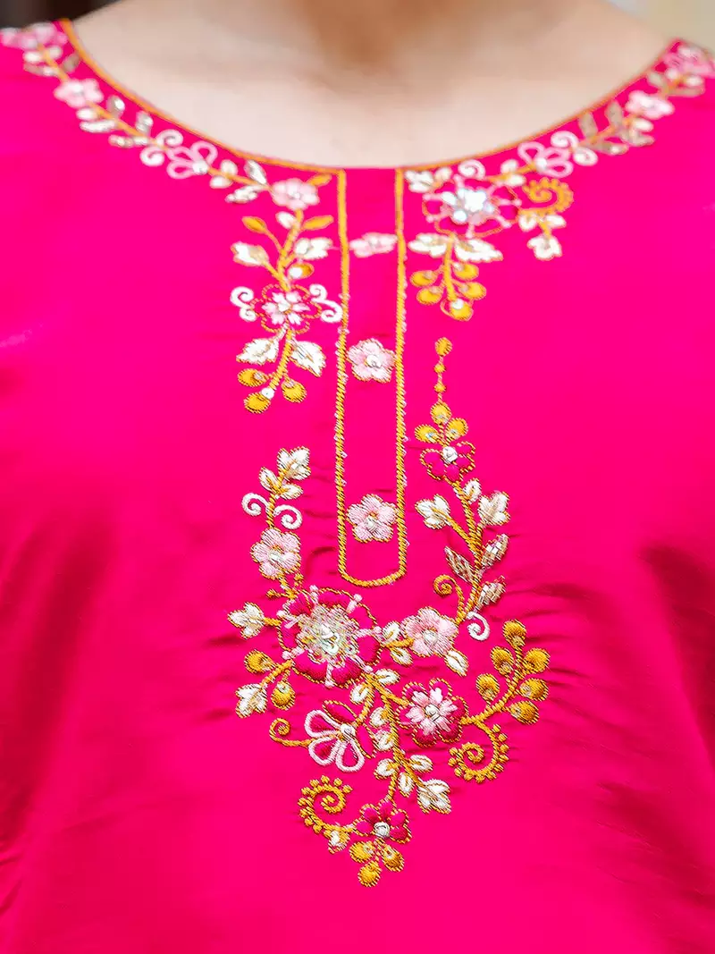Floral embroidered silk round neck kurta trouser & dupatta set
