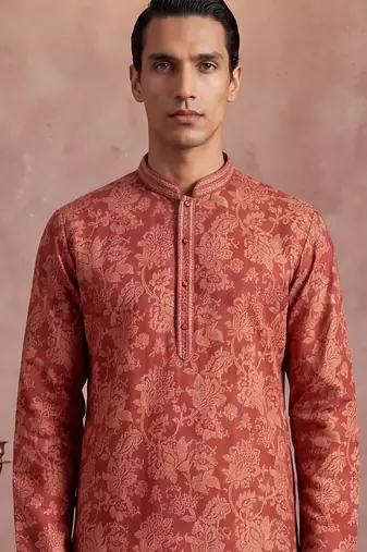 Mens blue silk blend solid embroidered kurta
