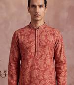 Mens blue silk blend solid embroidered kurta