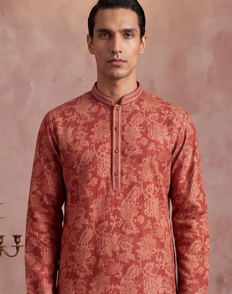 Mens blue silk blend solid embroidered kurta