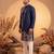 Mens blue silk blend solid embroidered kurta