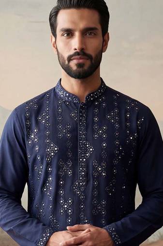 Mens blue silk blend solid embroidered kurta