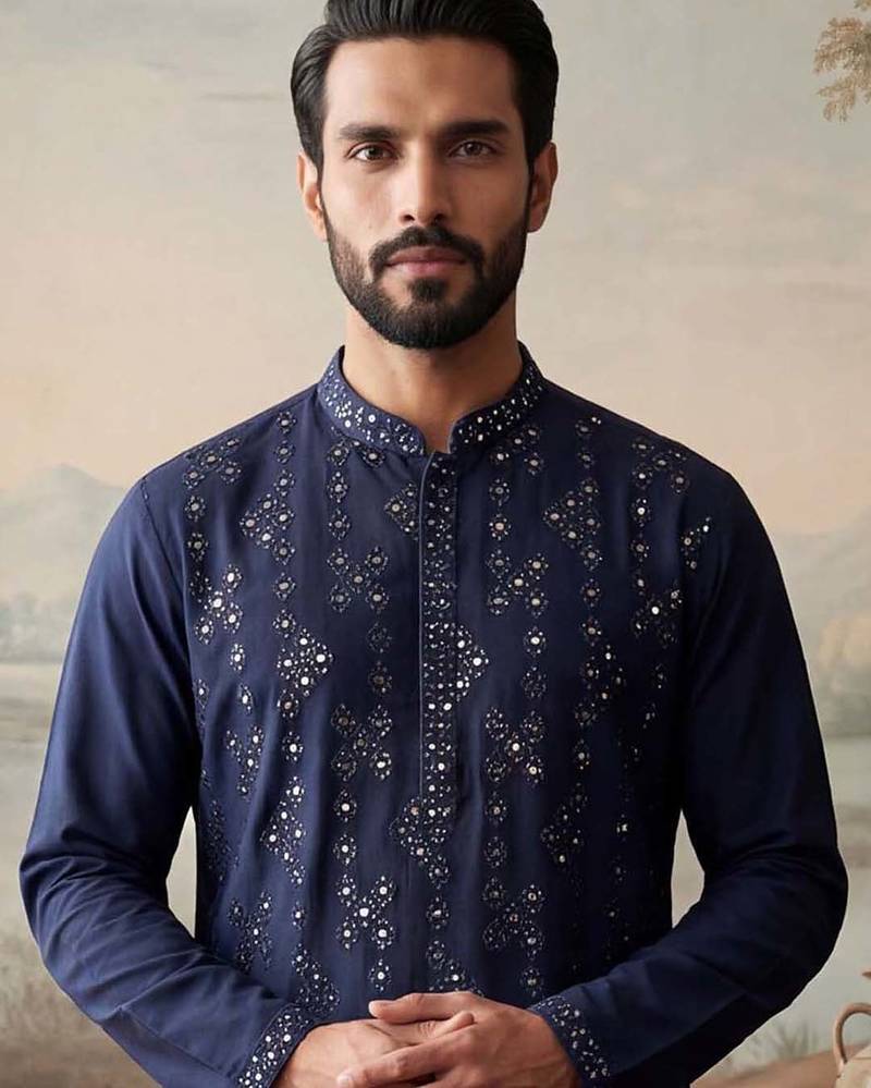 Mens blue silk blend solid embroidered kurta
