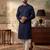 Mens blue silk blend solid embroidered kurta