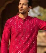 Mens pink silk blend solid embroidered kurta