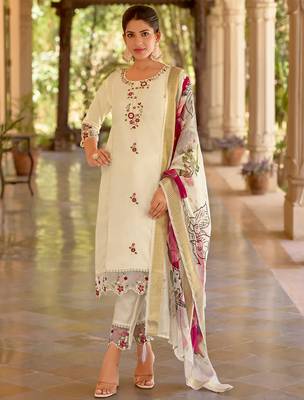 Floral embroidered silk blend round neck kurta trouser & dupatta set 1