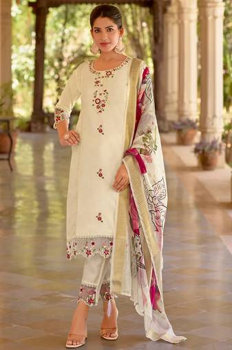 Floral embroidered silk round neck kurta trouser & dupatta set