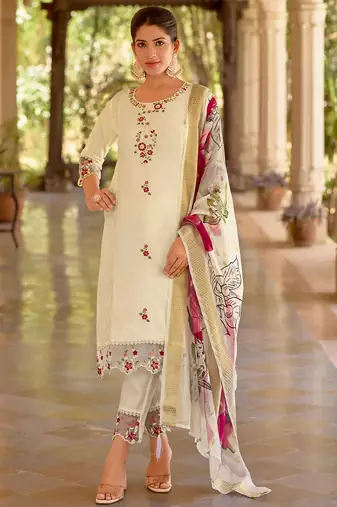 Floral embroidered silk round neck kurta trouser & dupatta set