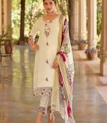 Floral embroidered silk round neck kurta trouser & dupatta set