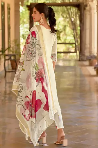Floral embroidered silk blend round neck kurta trouser & dupatta set