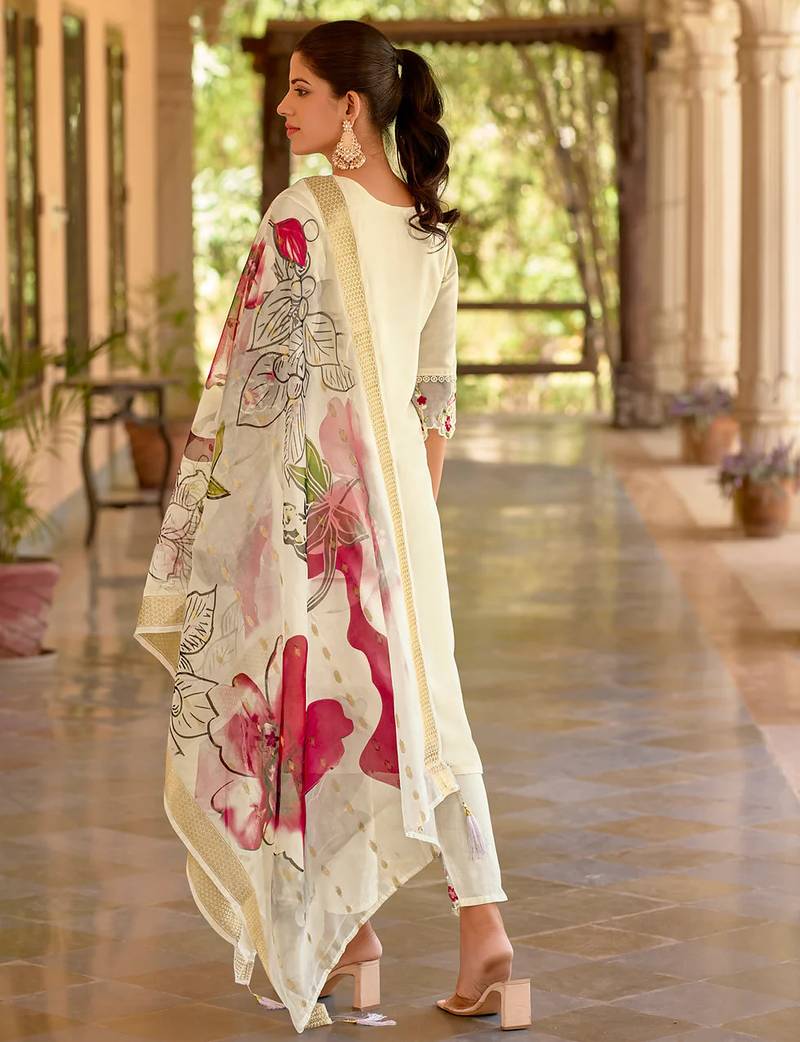 Floral embroidered silk round neck kurta trouser & dupatta set