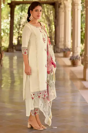 Floral embroidered silk blend round neck kurta trouser & dupatta set