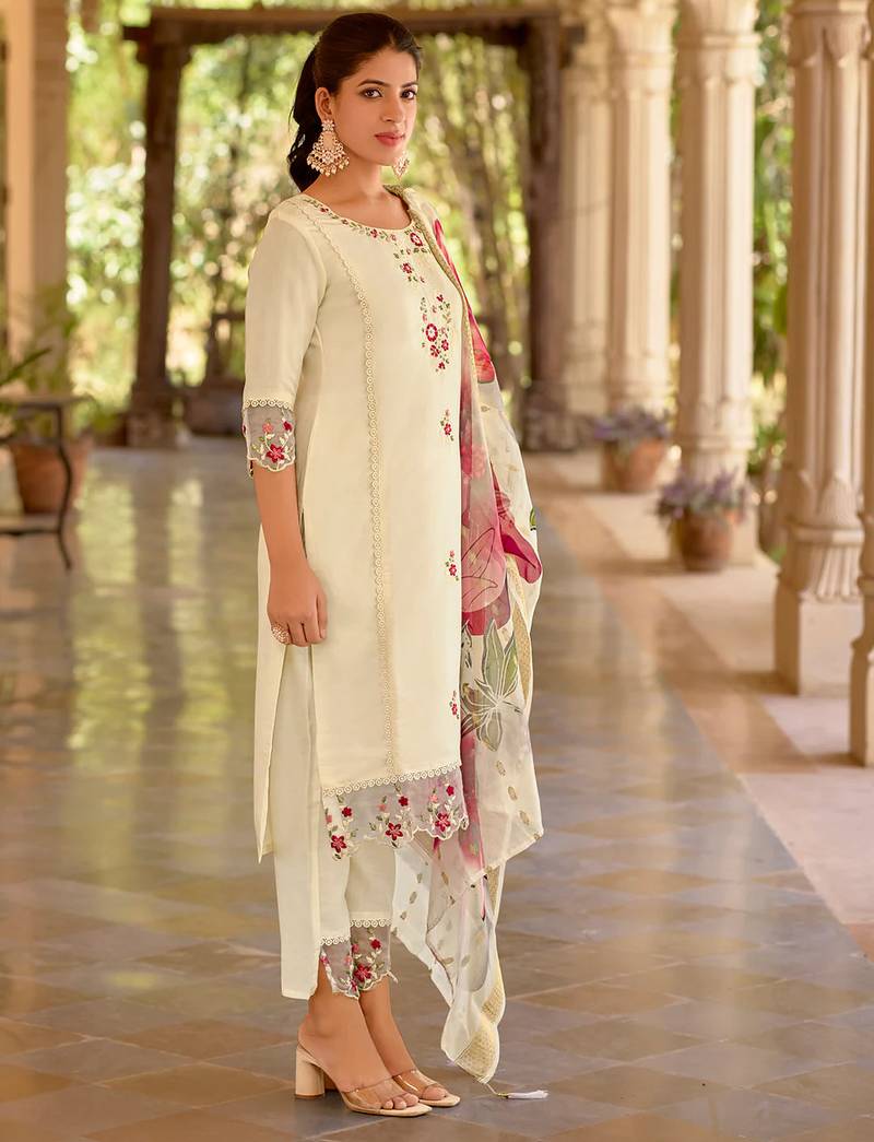 Floral embroidered silk round neck kurta trouser & dupatta set