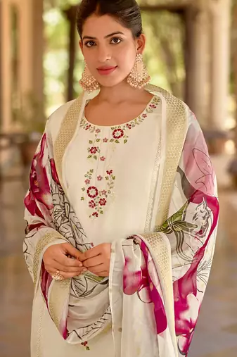 Floral embroidered silk blend round neck kurta trouser & dupatta set