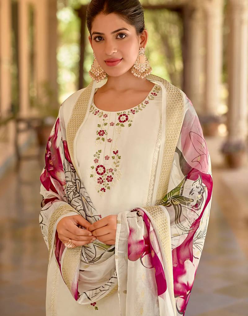 Floral embroidered silk round neck kurta trouser & dupatta set
