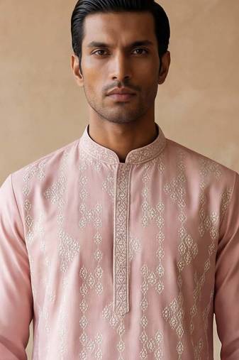 Mens pink silk blend solid embroidered kurta