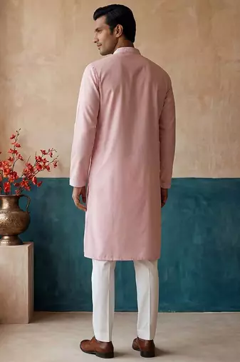 Mens pink silk blend solid embroidered kurta