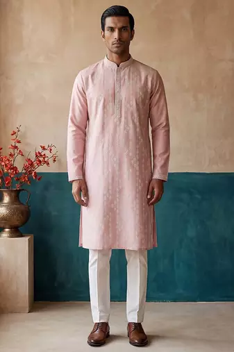 Mens pink silk blend solid embroidered kurta