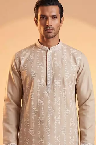 Mens beige silk blend solid embroidered kurta