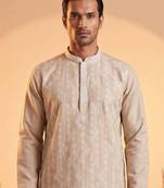 Mens beige silk blend solid embroidered kurta