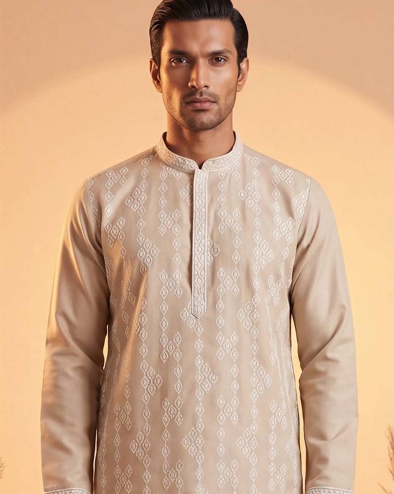 Mens beige silk blend solid embroidered kurta