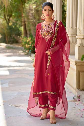 Floral embroidered viscose rayon round neck kurta trouser & dupatta set