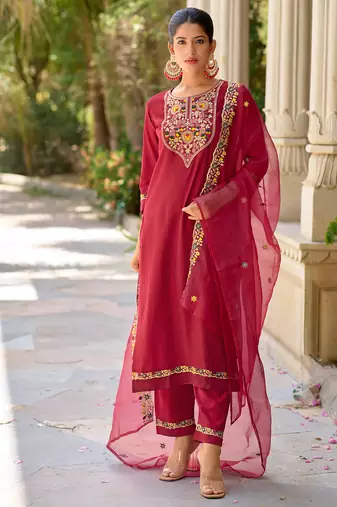 Floral embroidered viscose rayon round neck kurta trouser & dupatta set