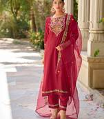 Floral embroidered viscose rayon round neck kurta trouser & dupatta set