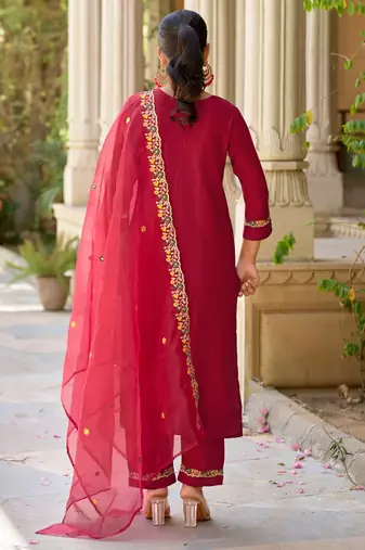 Floral embroidered viscose rayon round neck kurta trouser & dupatta set