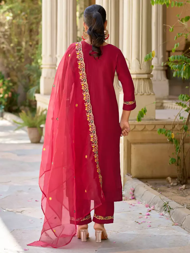 Floral embroidered viscose rayon round neck kurta trouser & dupatta set