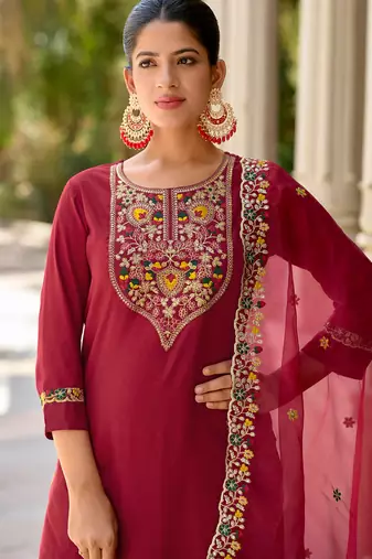Floral embroidered viscose rayon round neck kurta trouser & dupatta set