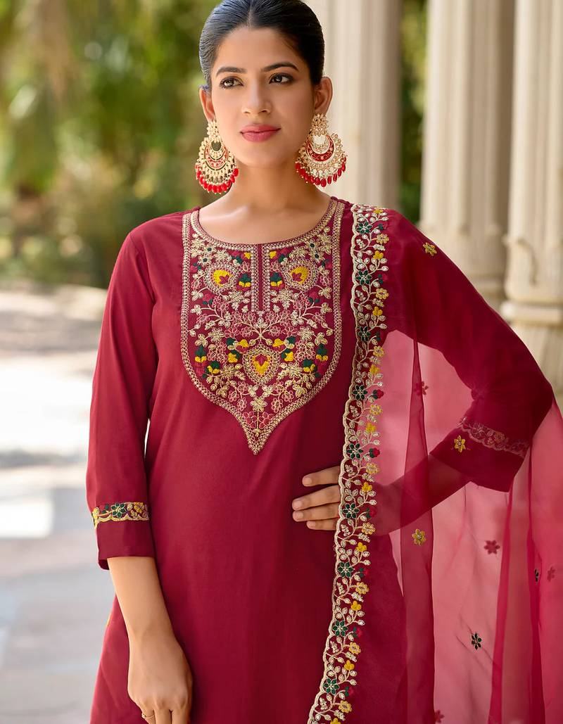 Floral embroidered viscose rayon round neck kurta trouser & dupatta set