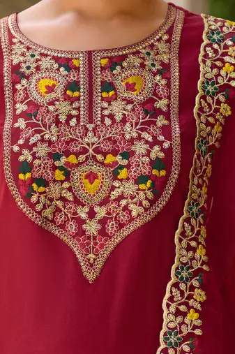 Floral embroidered viscose rayon round neck kurta trouser & dupatta set