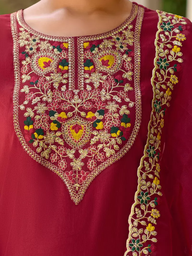 Floral embroidered viscose rayon round neck kurta trouser & dupatta set