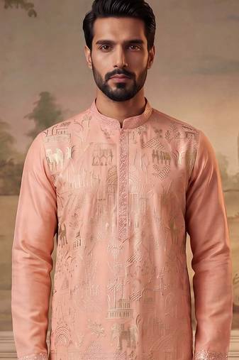 Mens orange viscose rayon solid embroidered kurta