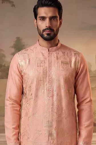 Mens orange viscose rayon solid embroidered kurta
