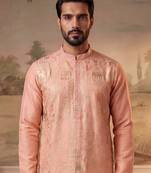 Mens orange viscose rayon solid embroidered kurta