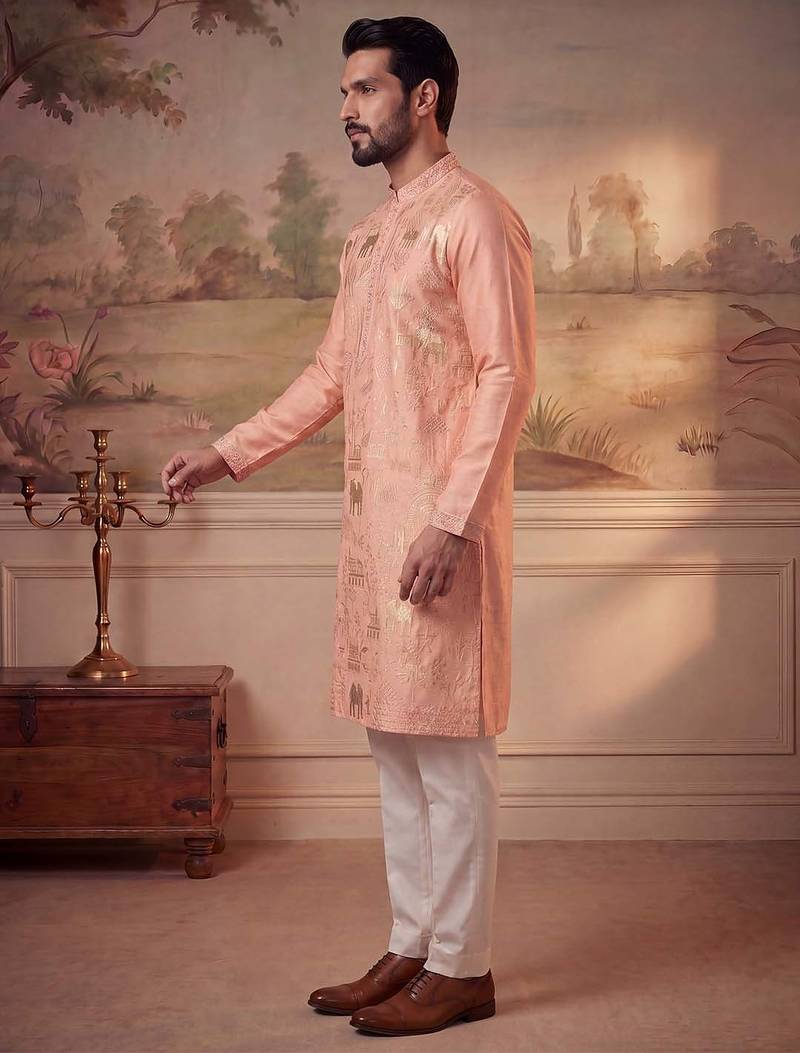 Mens orange viscose rayon solid embroidered kurta