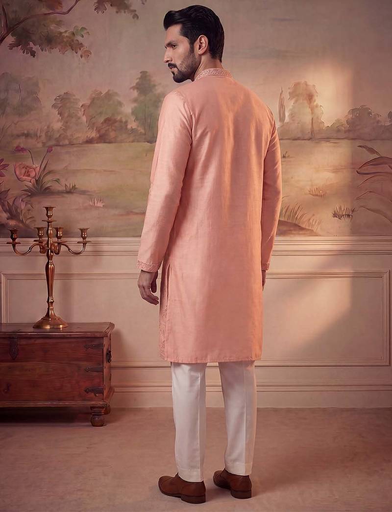 Mens orange viscose rayon solid embroidered kurta